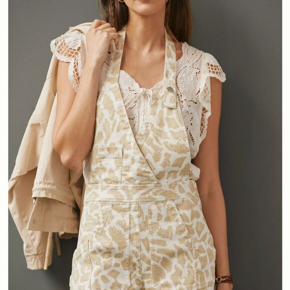 Maeve by Anthropologie Gardeners Apron Halter Shortalls Animal Print Boho Sz 6 - Picture 1 of 8